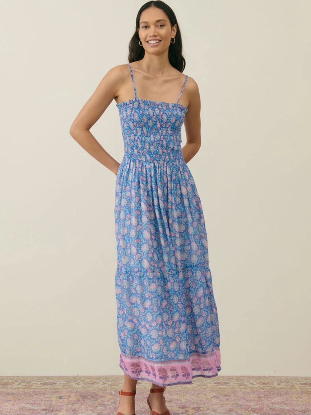 Louise Misha Blue Floral Smocked Maxi Dress with Pink Border